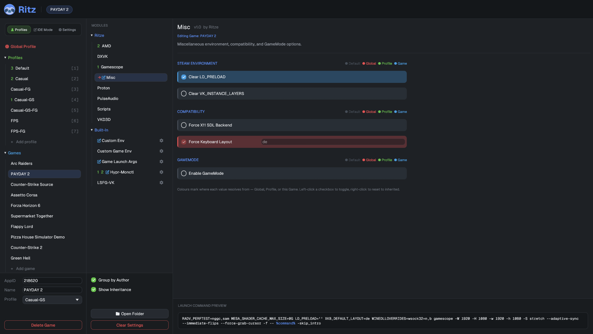 ritz settings GUI editing the Misc module for PAYDAY 2 — scope-colored toggles for LD_PRELOAD, keyboard layout, and GameMode, with the assembled launch command shown at the bottom