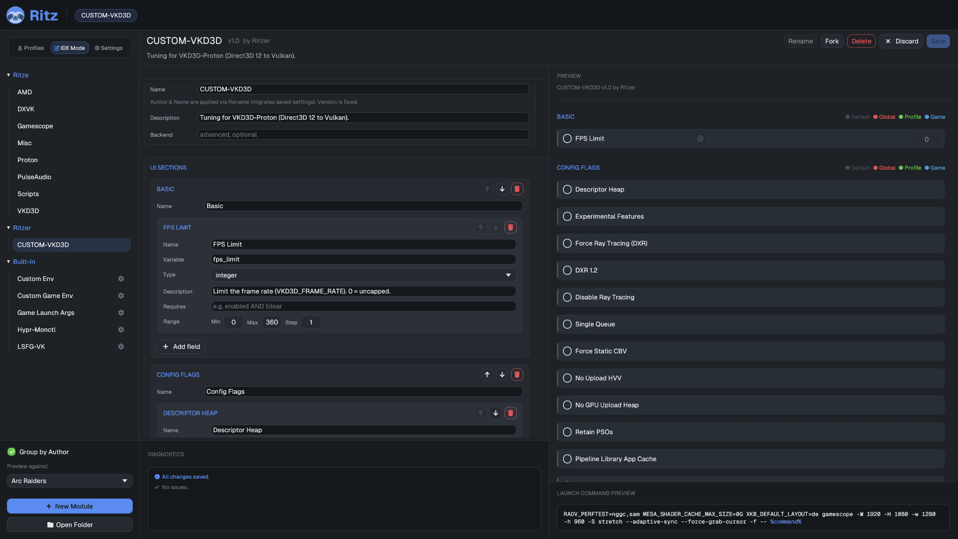 ritz IDE mode: the module list on the left, a manifest editor for CUSTOM-VKD3D's fields in the middle, and a live preview with launch-command output on the right