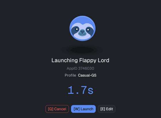 The normal countdown splash: game name, profile, and a 1.7s countdown to launch