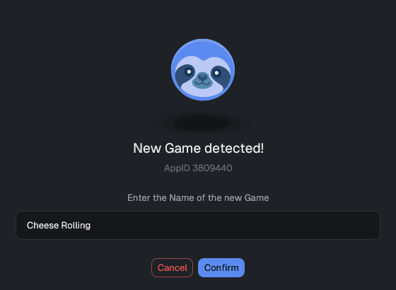 New Game detected screen: AppID shown, a text field pre-filled with a guessed name, Cancel/Confirm buttons
