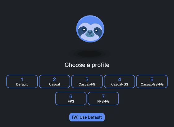 Choose a profile screen: pinned profiles as numbered cards (1-7), plus a Use Default button