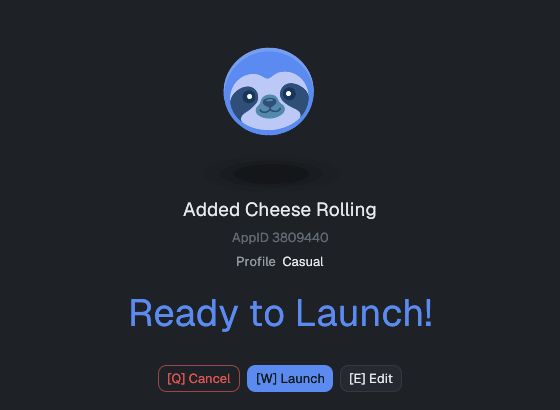 Ready to Launch screen: the new game's name and chosen profile, with Cancel/Launch/Edit buttons and no countdown